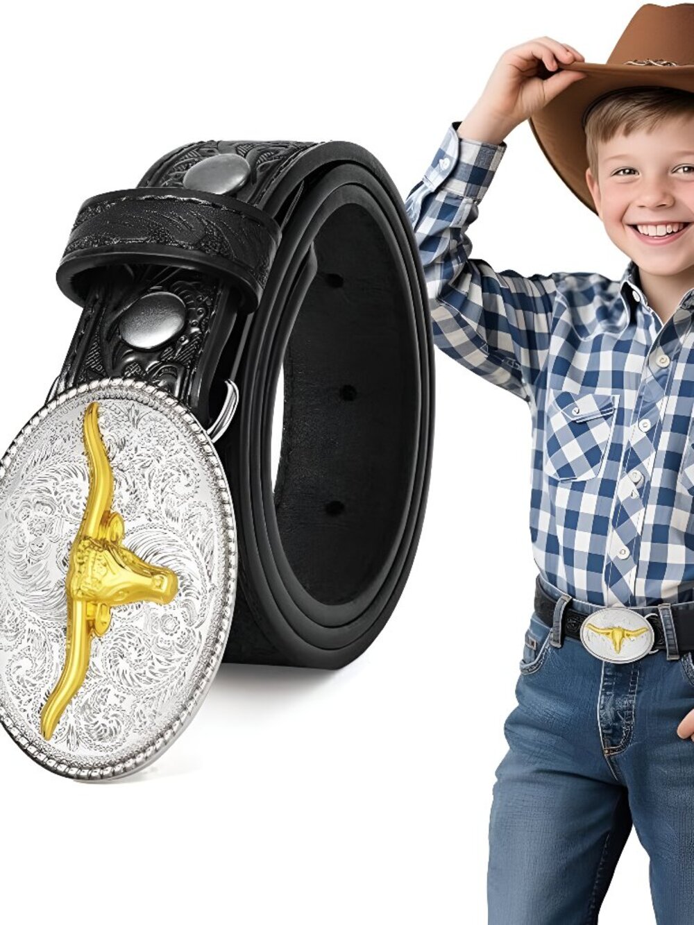 Kids Western Belt for Boys Girls,Toddler Youth Cowboy Cowgirl Genuine Leather -D
